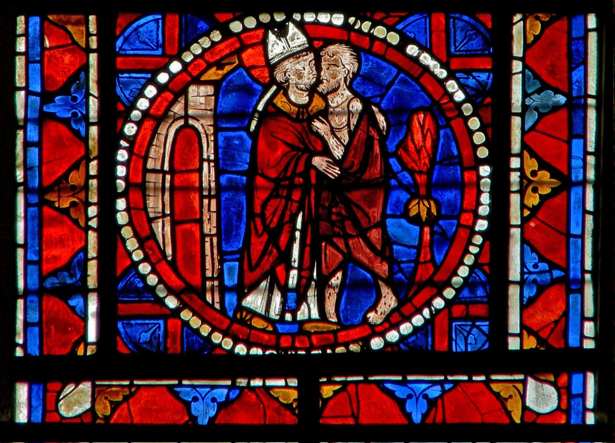 Fenêtre w109 représentant Saint Martin guérissant un lépreux - French School