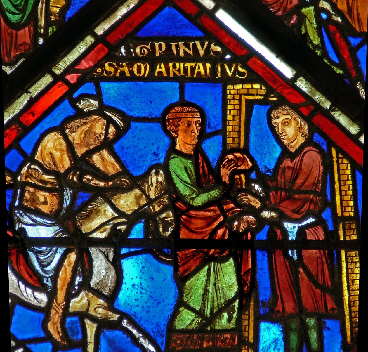 Scène dans la fenêtre du Bon Samaritain : le Samaritain emmène le pèlerin à une auberge - French School