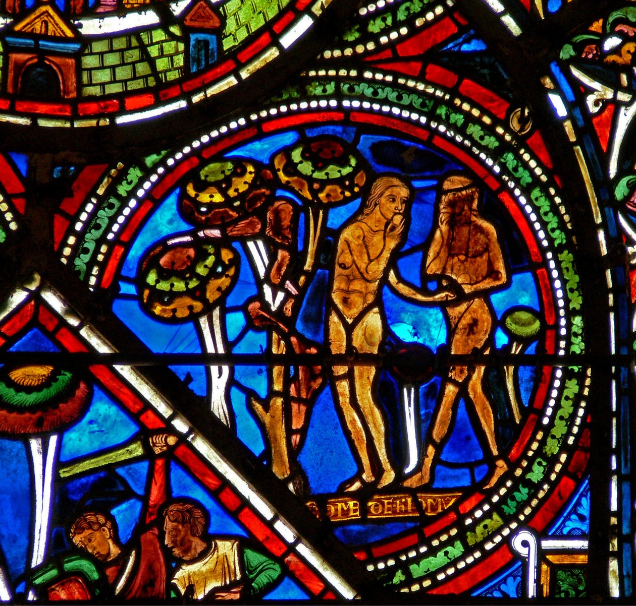 Fenêtre du Bon Samaritain : Adam et Ève mangent le fruit défendu - French School