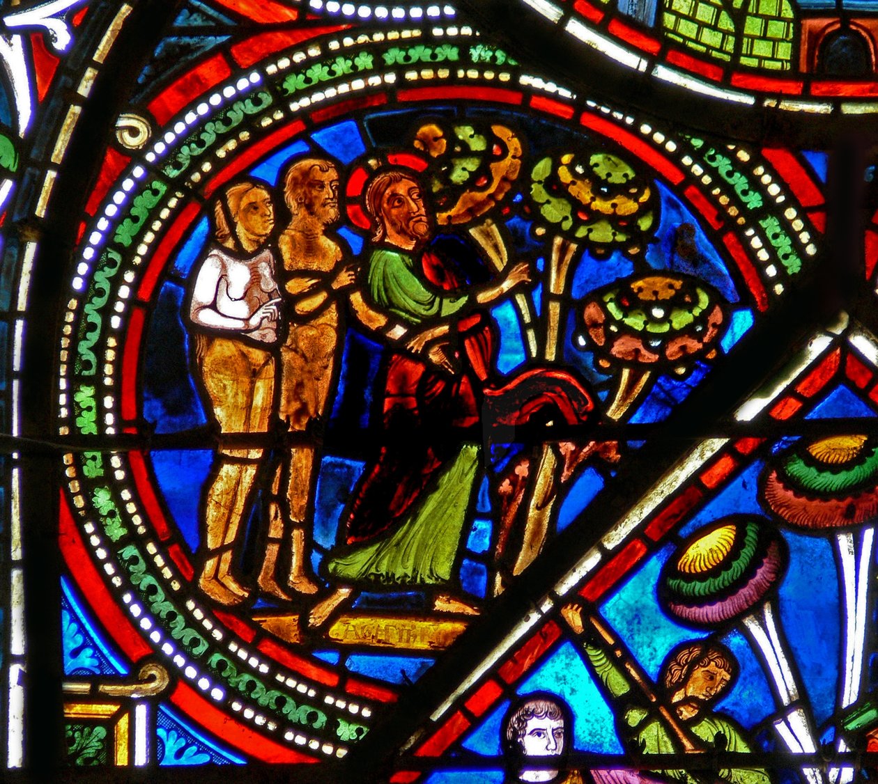 Fenêtre du Bon Samaritain : Dieu montre le fruit défendu à Adam et Ève - French School