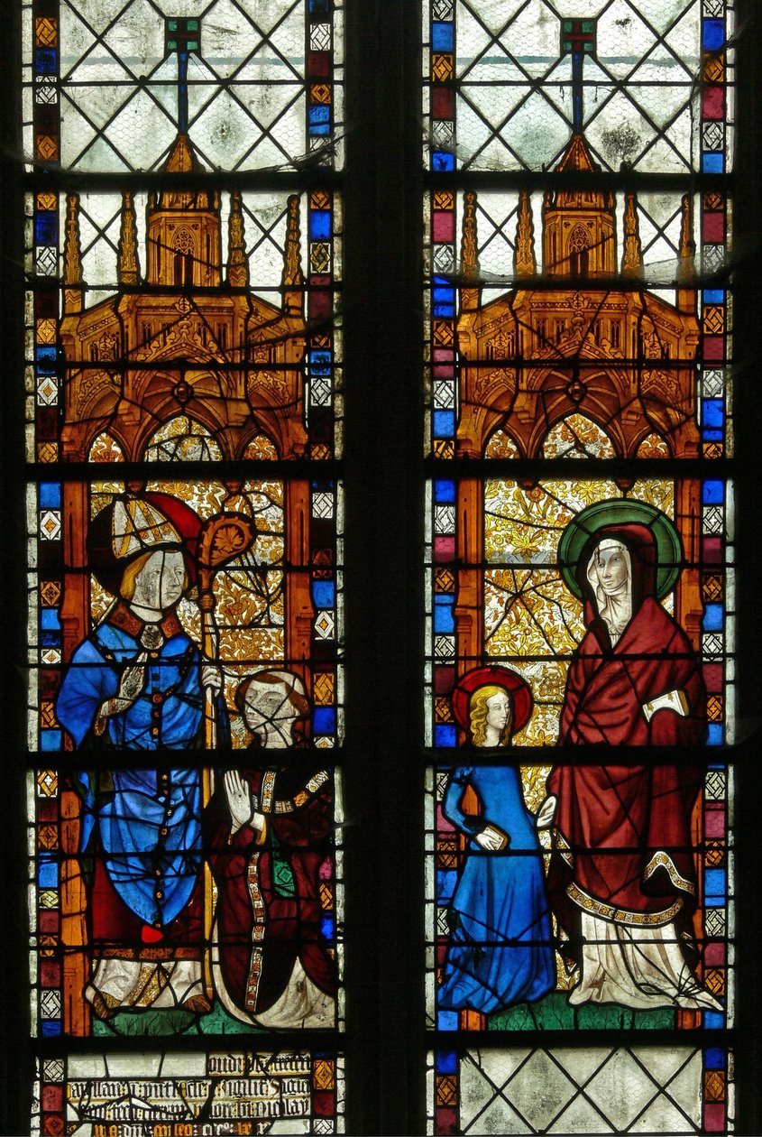 Fenêtre w17 représentant Saint Nicolas et le donateur Oudin de Troyes ; Sainte Anne et la Vierge Marie - French School