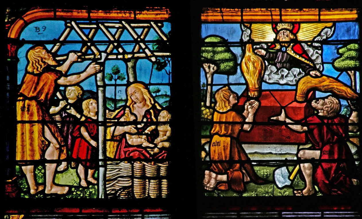 Adam construisant une maison et Ève élevant leurs enfants; Caïn et Abel font leurs offrandes au Seigneur - French School