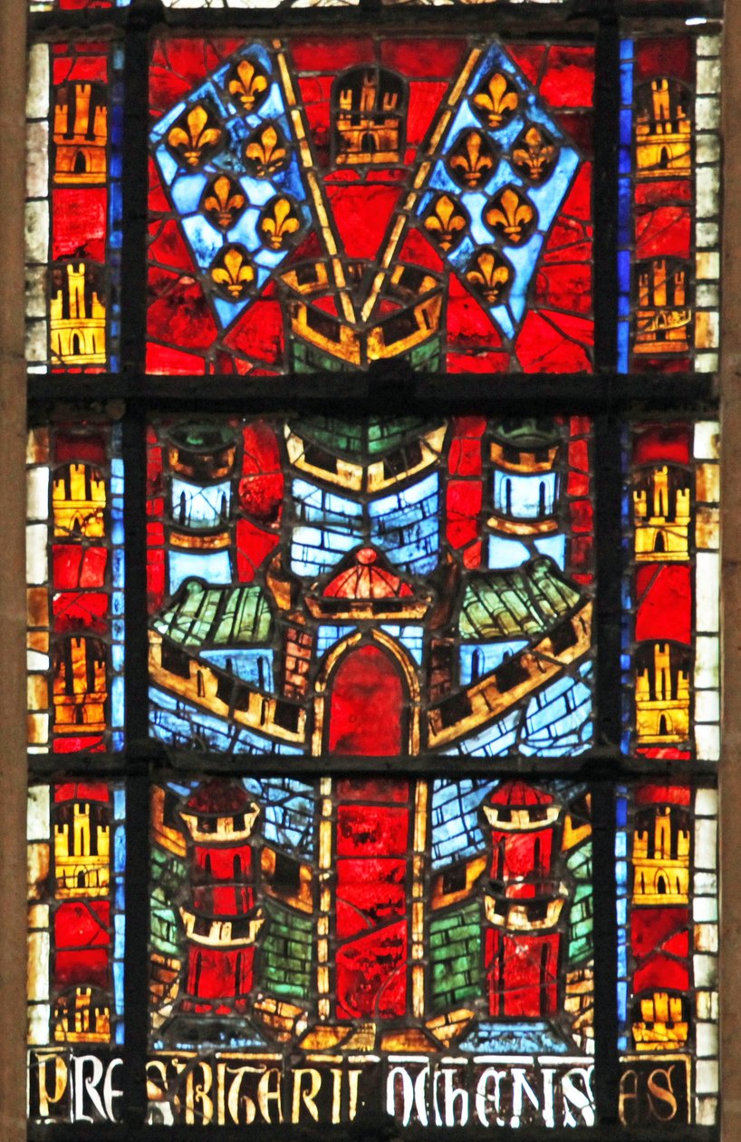 Vitrail w205 représentant un château et des drapeaux avec fleur-de-lys - French School