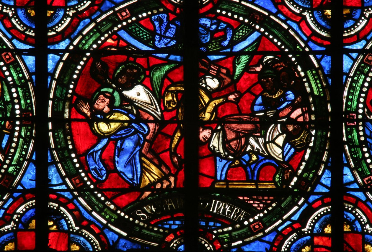 Fenêtre w2 représentant une scène de la vie de Saint Pierre : la chute de Simon le Magicien en essayant de démontrer ses capacités de vol - French School