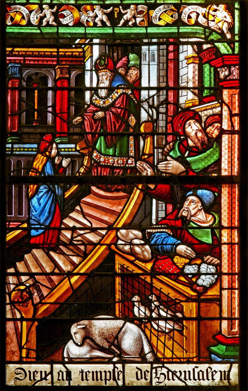 Fenêtre w38 représentant une scène de la vie de la Vierge Marie : sa Présentation au Temple - French School