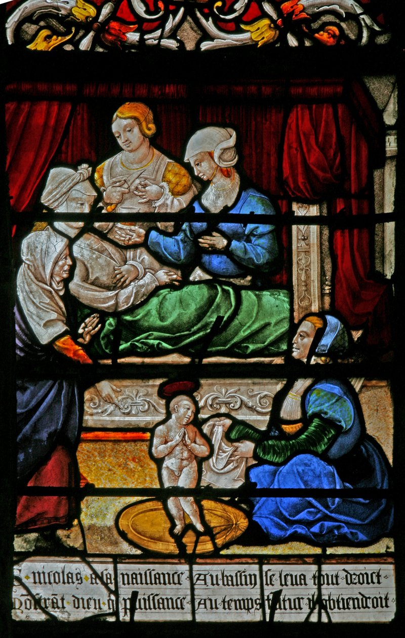 Fenêtre w3 représentant la naissance de Saint Nicolas - French School