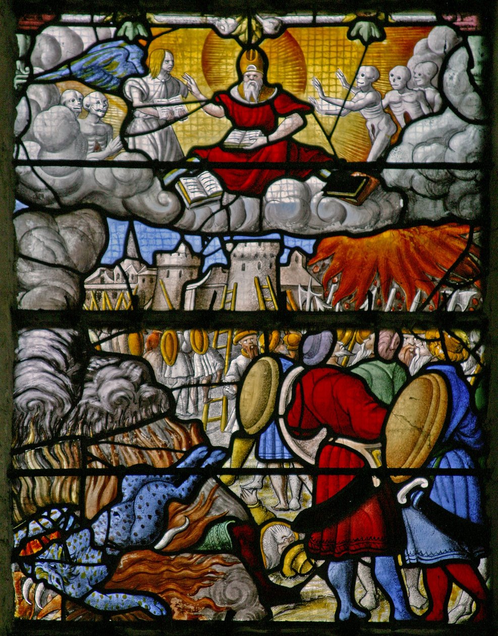 Fenêtre w5 représentant une scène du Livre de la Révélation de Saint Jean : les armées de la terre font des ravages ; la mer rend ses morts - French School