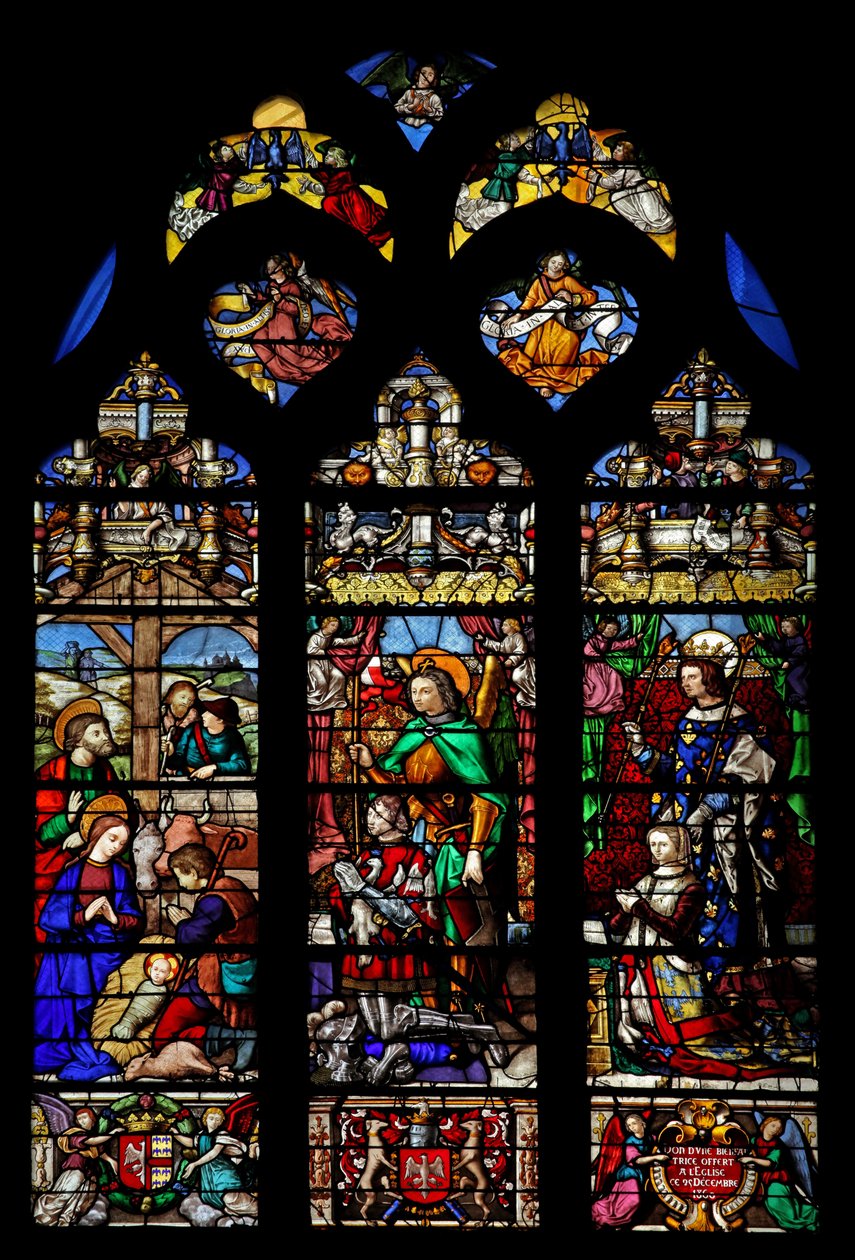 Fenêtre w6 représentant la Nativité avec les bergers; donateurs Gaspard de Coligny et son épouse et saints patrons - French School