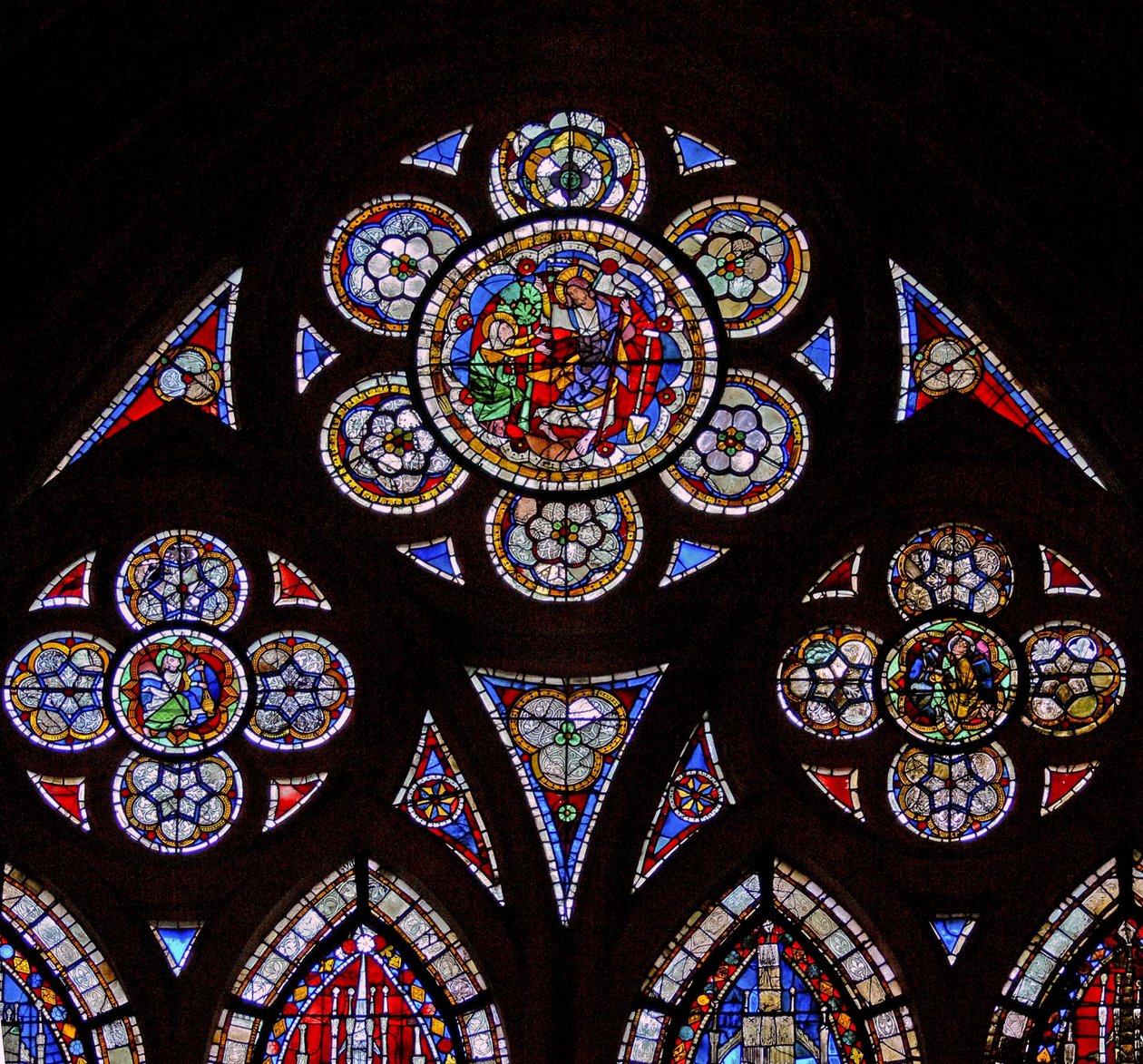 Fenêtre w7 représentant les lumières de la rosace avec deux anges et Noli Me Tangere - French School
