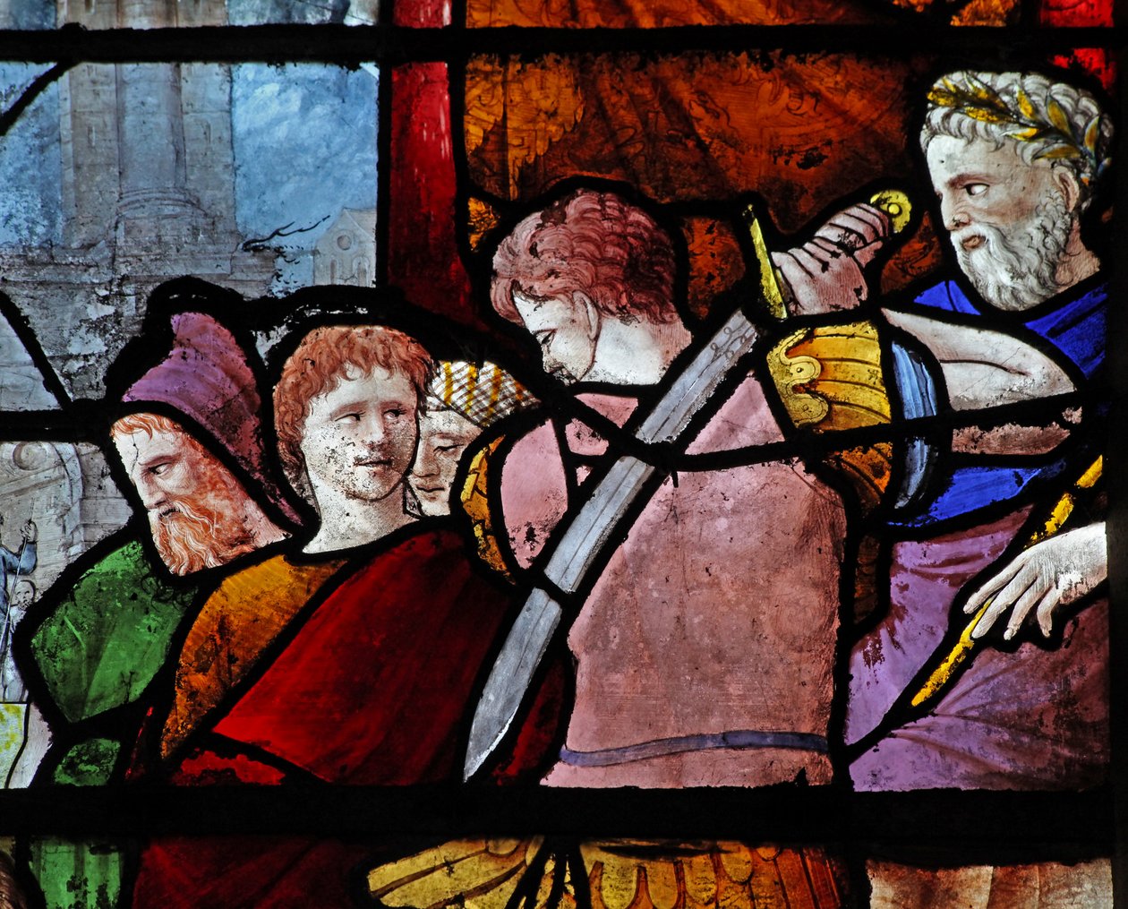 Vitrail w9 représentant des figures à la mort de Saint Paul - French School