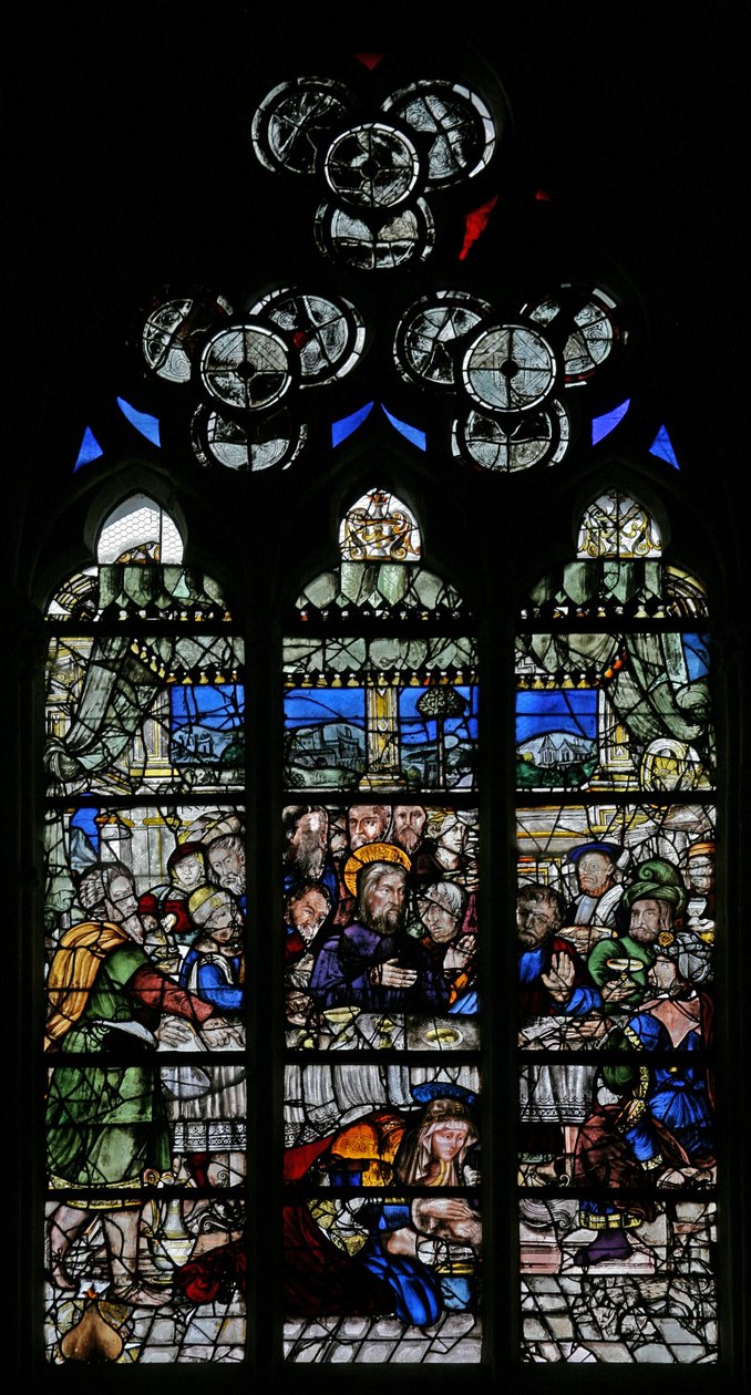 Fenêtre w9 représentant les événements chez Simon : Marie-Madeleine lave les pieds du Christ - French School