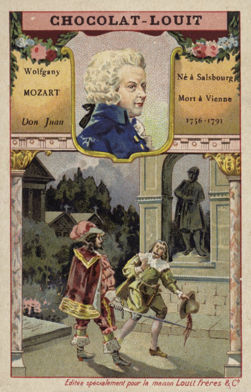 Wolfgang Amadeus Mozart, compositeur autrichien, et une scène de son opéra Don Juan (chromolitho) - French School