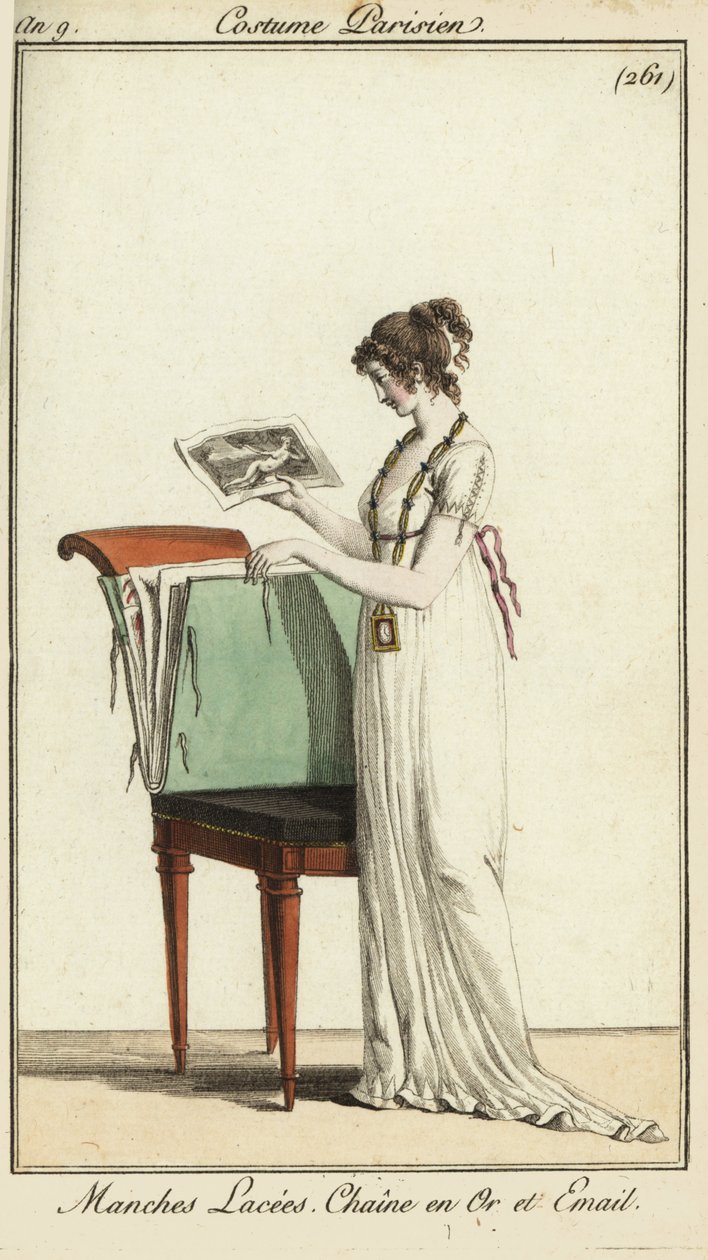 Femme regardant un portfolio de gravures - French School