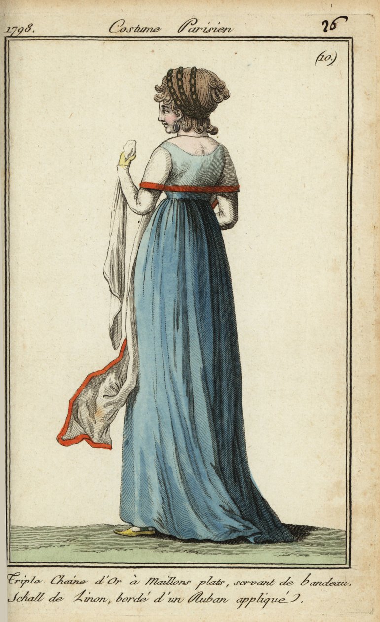 Femme avec châle transparent à la mode de 1798 (gravure sur cuivre colorée à la main) - French School