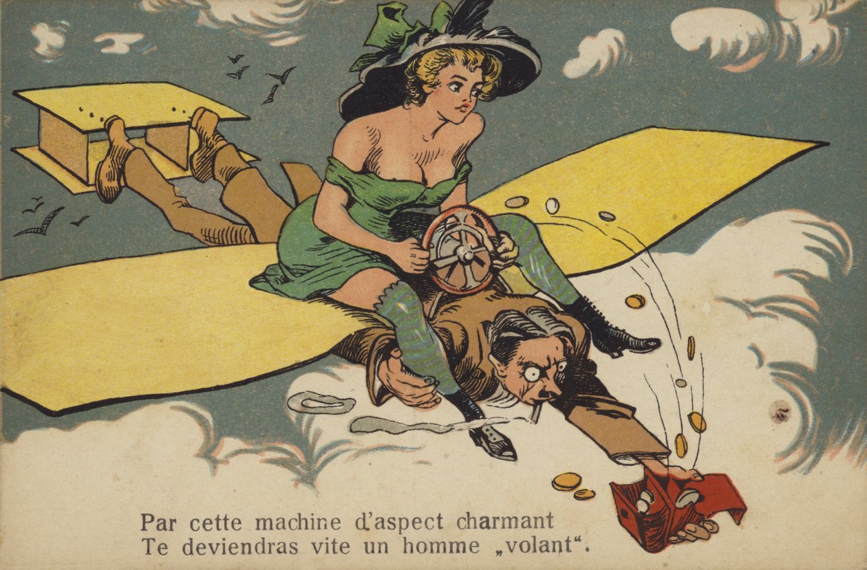 Femme au buste semi-exposé chevauchant un homme/avion (lithographie couleur) - French School