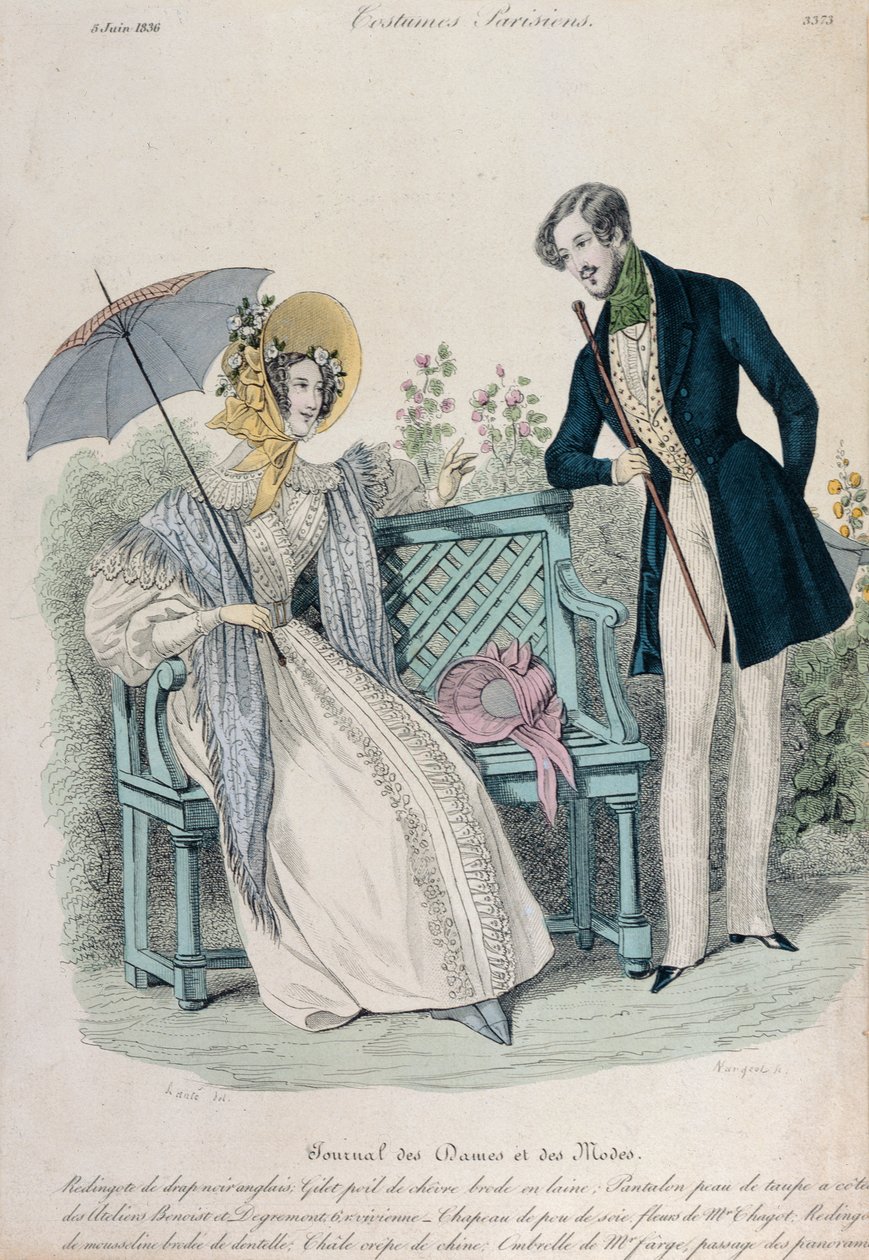Femme avec parapluie et homme en redingote dans un jardin, planche de mode du Journal des Dames et des Modes, 5 juin 1836 - French School
