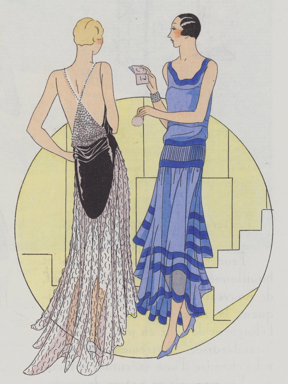 Mode féminine du soir des années 1930 des créateurs Jenny et Philippe et Gaston (lithographie couleur) - French School