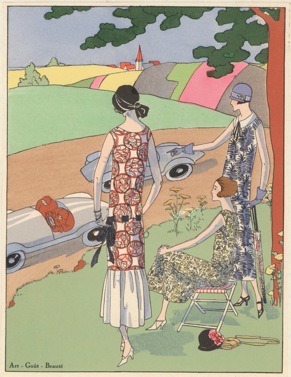 La mode féminine des années 1920 : regarder les courses de voitures de sport (lithographie couleur) - French School