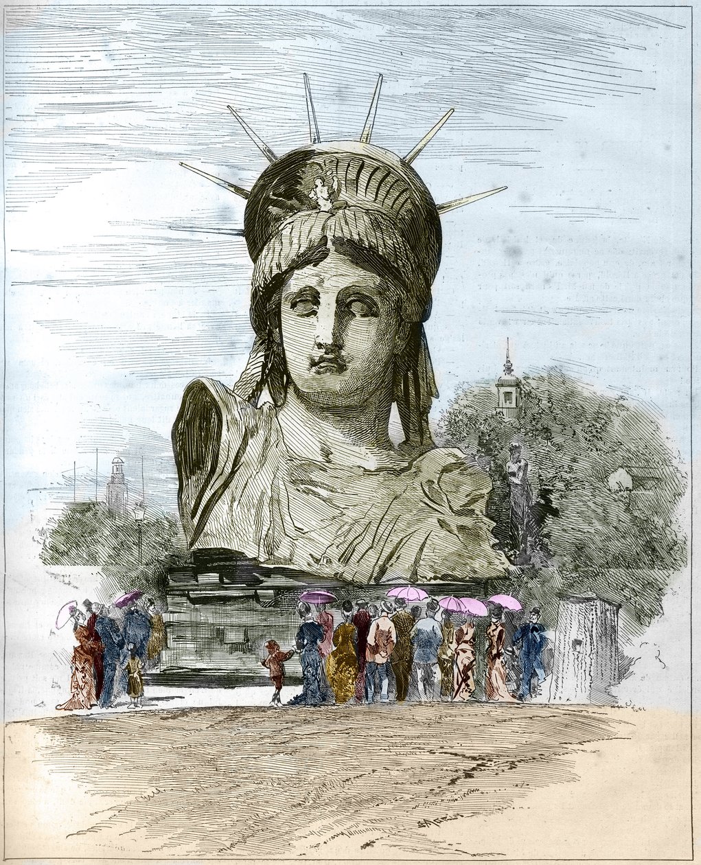 Exposition universelle de 1878 à Paris : la tête de la Statue de la Liberté par Frédéric Auguste Bartholdi (1834-1904). Gravure par Edgard Morin dans "Le Monde Illustré" n°1111 du 13 juillet 1878 - French School