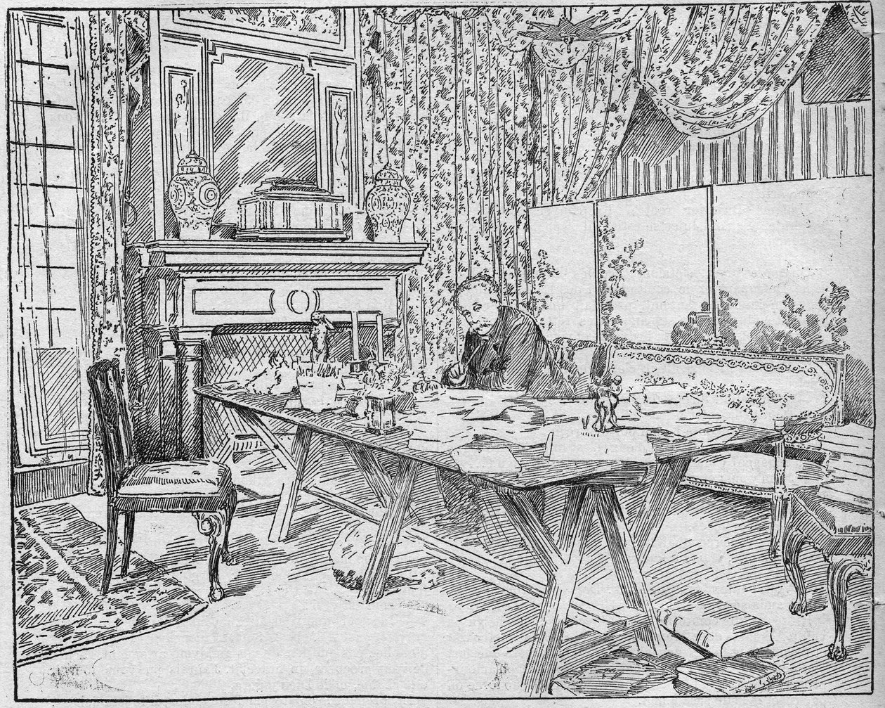 Écrivain Alexandre Dumas fils (1824-1895) dans son cabinet de travail. Gravure dans « La gazette du dimanche » du 12 décembre 1895 - French School