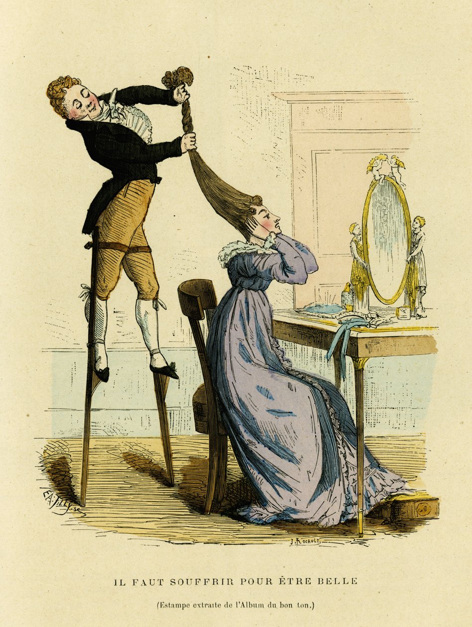 Il faut souffrir pour être belle, dessin satirique où un coiffeur monte sur un escabeau pour préparer la coiffure d