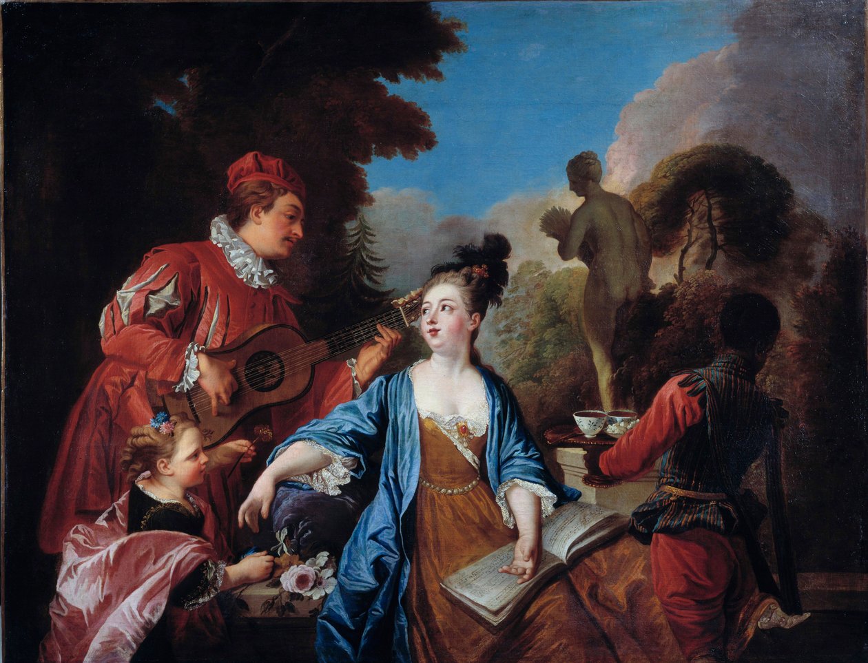 Dégustation dans un parc. Jeunes gens de la noblesse se faisant servir le thé dans le jardin par un jeune serviteur noir. Peinture de l
