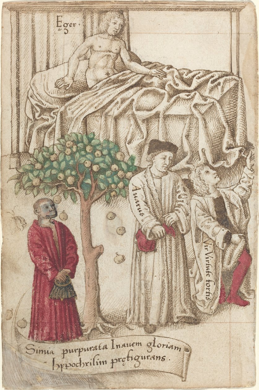 Un singe en violet avec un homme malade, un homme bon et un avare - French early 16th Century