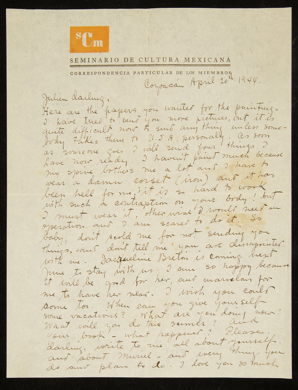 Lettre de Frida Kahlo à Julien Levy, en anglais, 20 avril 1944 (plume et encre sur papier) - Frida Kahlo