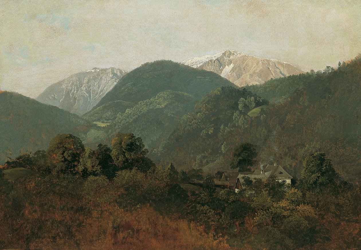 Vue de Scheuchenstein vers Gauermannhof avec Schneeberg en arrière-plan - Friedrich August Mathias Gauermann