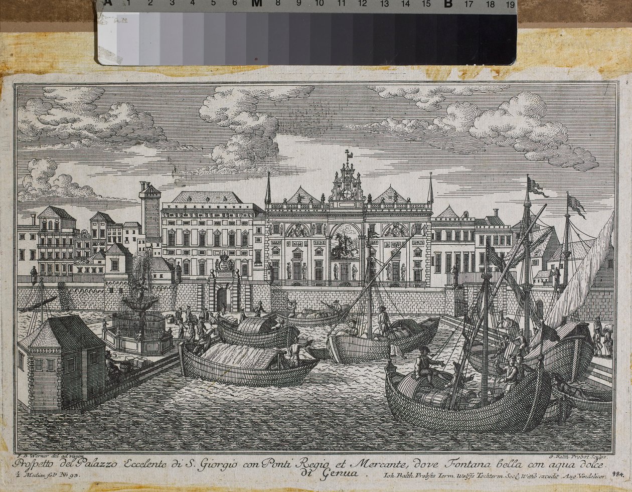 Plan de Gênes représentant le Pont Royal, le Nouveau Pont de Mercanzia et le Palais de Saint-Georges vu de la mer, c.1750 (gravure) - Friedrich Bernhard Werner