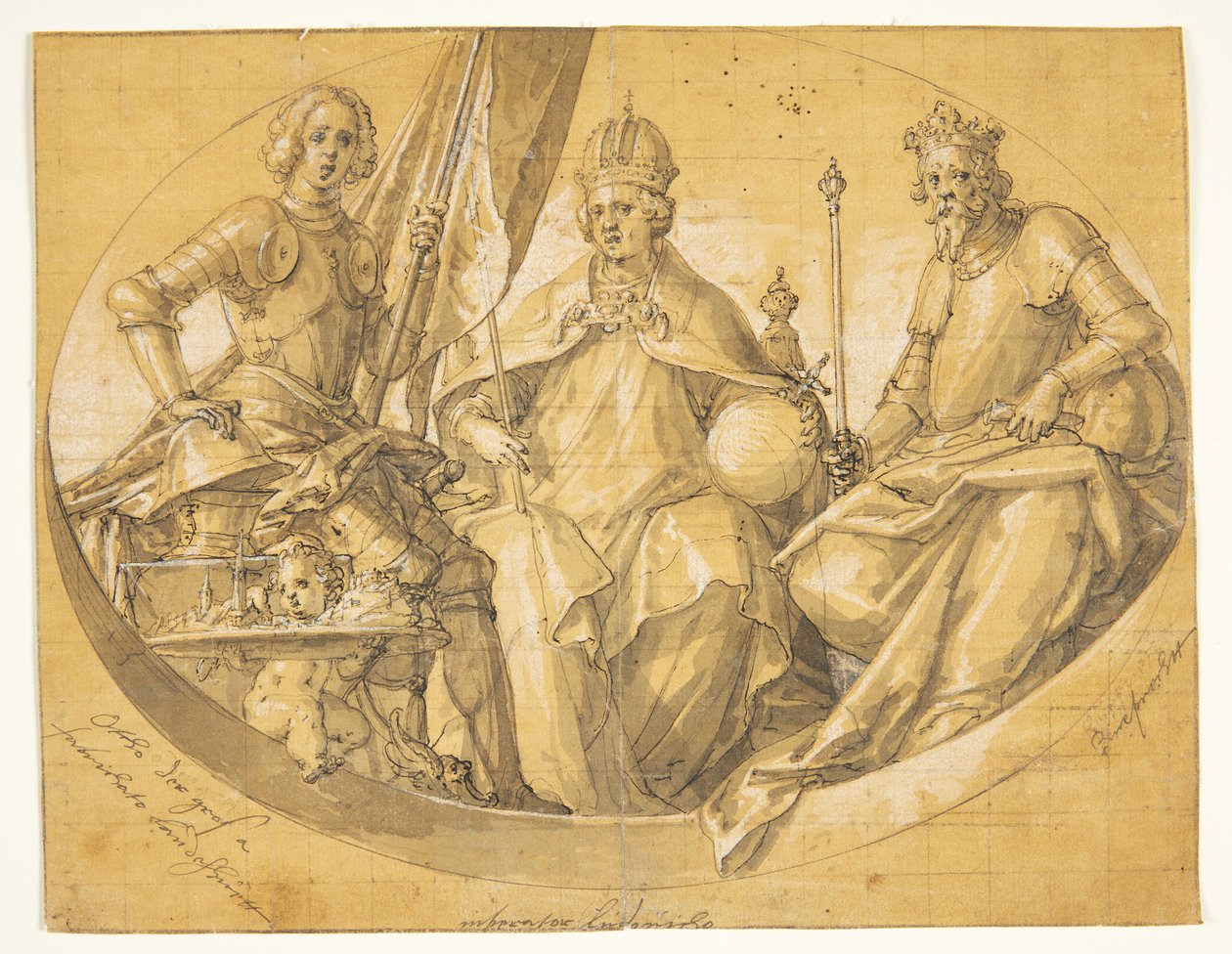 Esquisse pour une peinture de plafond ovale(?) représentant les rois Otto le Grand (912-973), Louis le Riche (1417-1479) et Ruprecht (1352-1410) - Friedrich Sustris