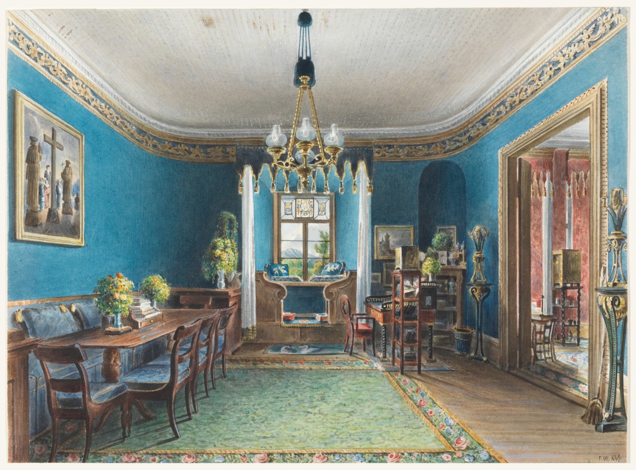 Dessin, La chambre bleue, Schloss Fischbach, 1846 - Friedrich Wilhelm Klose