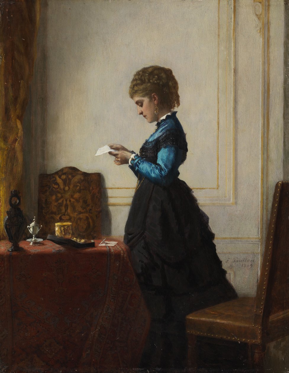 Jeune femme devant une fenêtre lisant une lettre - Fritz Paulsen