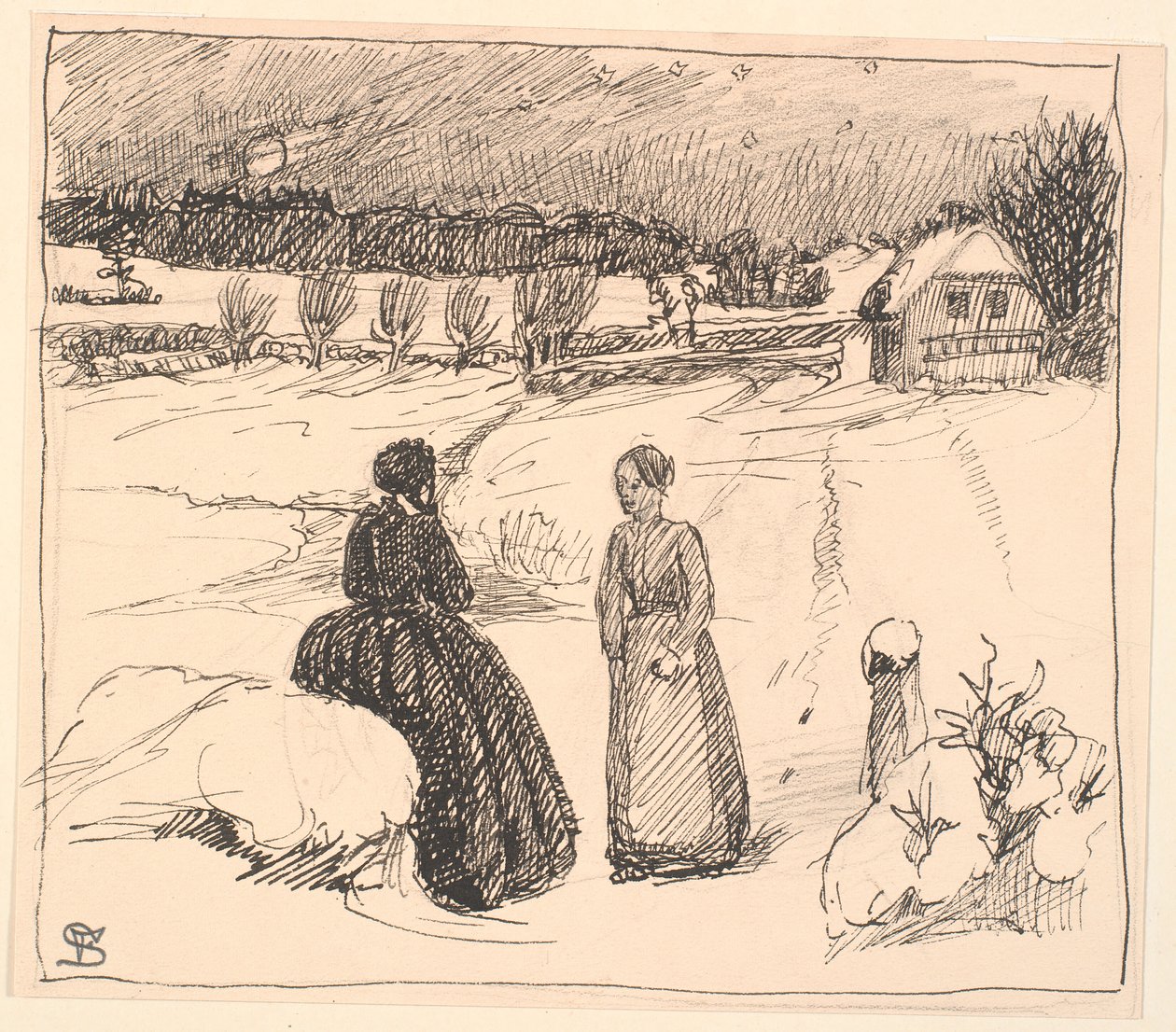 Là dehors dans la neige, une femme en longues robes noires... - Fritz Syberg
