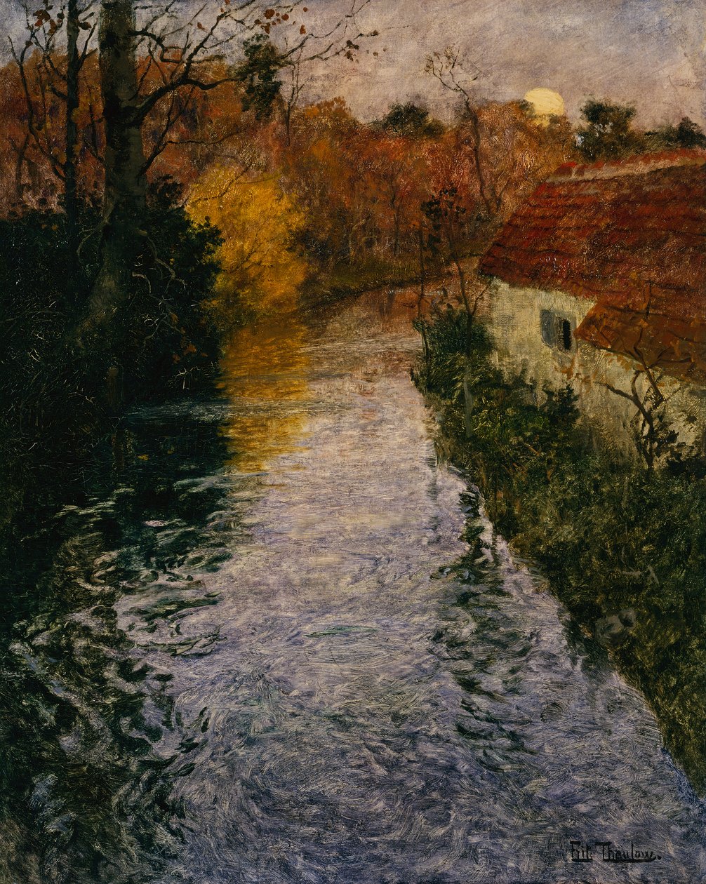 Paysage fluvial avec un cottage en automne - Fritz Thaulow