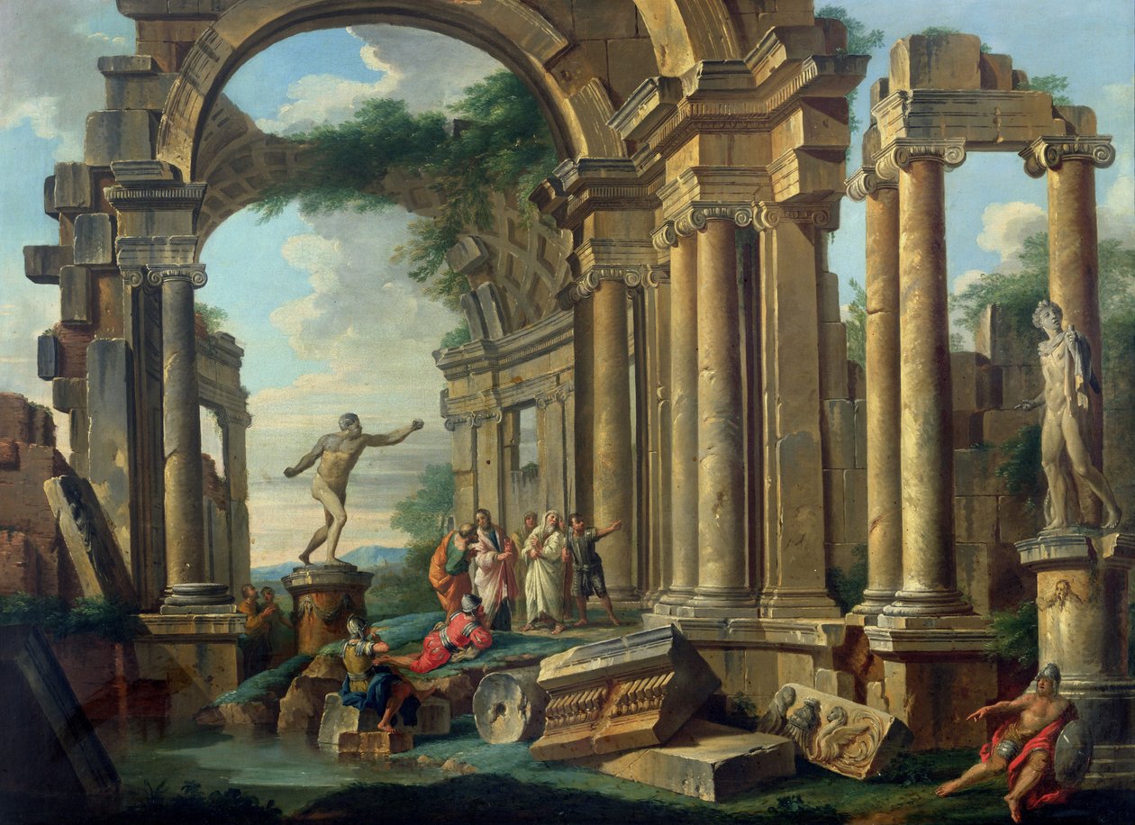 Un caprice architectural avec des statues du guerrier Agasias et de l