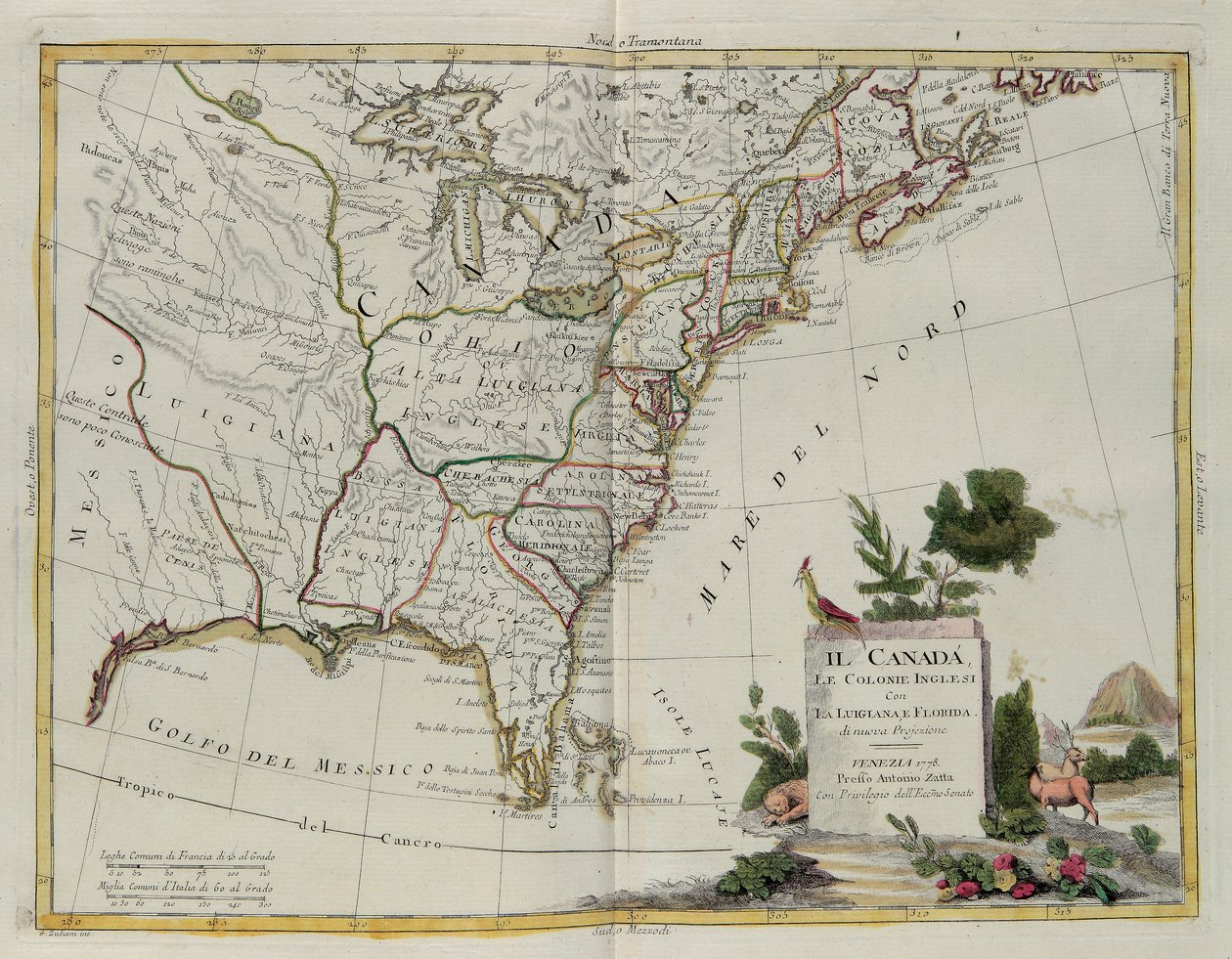 Canada, les colonies anglaises avec la Louisiane et la Floride, gravure par G. Zuliani tirée du Tome I du Nouvel Atlas publié à Venise en 1778 par Antonio Zatta, Collection Privée - G. Zuliani