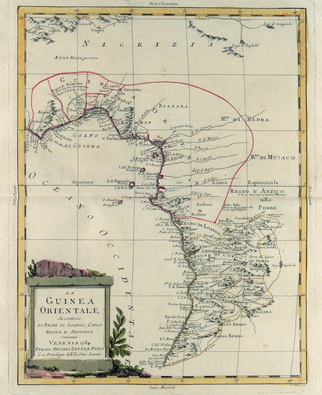 Guinée orientale contenant les Royaumes de Loango, Congo, Angola et Benguela, gravure de G. Zuliani tirée du Tome IV du "Nouvel Atlas" publié à Venise en 1784 par Antonio Zatta, Collection Privée - G. Zuliani