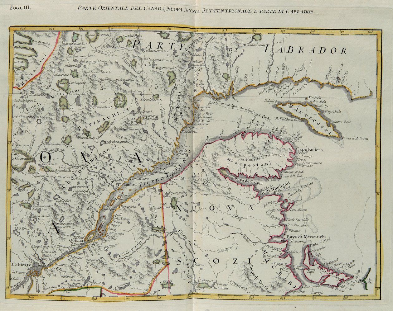 Partie orientale du Canada, nord de la Nouvelle-Écosse et partie du Labrador, gravure de G. Zuliani tirée du Tome I du "Nouvel Atlas" publié à Venise en 1778 par Antonio Zatta, Collection Privée - G. Zuliani
