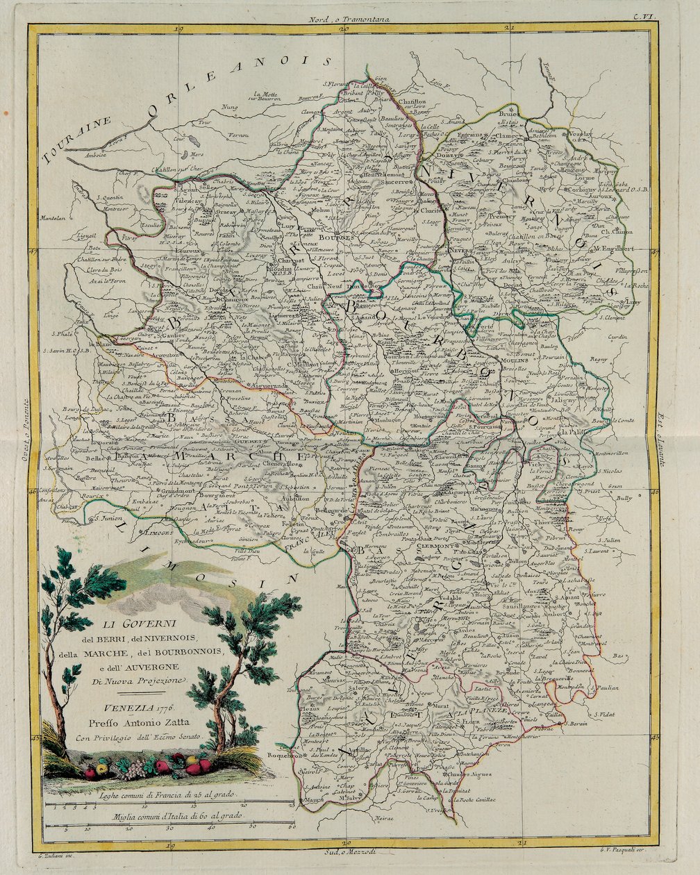 Les Gouvernances de Berry, Nivernais, Marche, Bourbon et Auvergne, gravure par G. Zuliani tirée du Tome I du Nouvel Atlas publié à Venise en 1776 par Antonio Zatta, Collection Privée - G. Zuliani