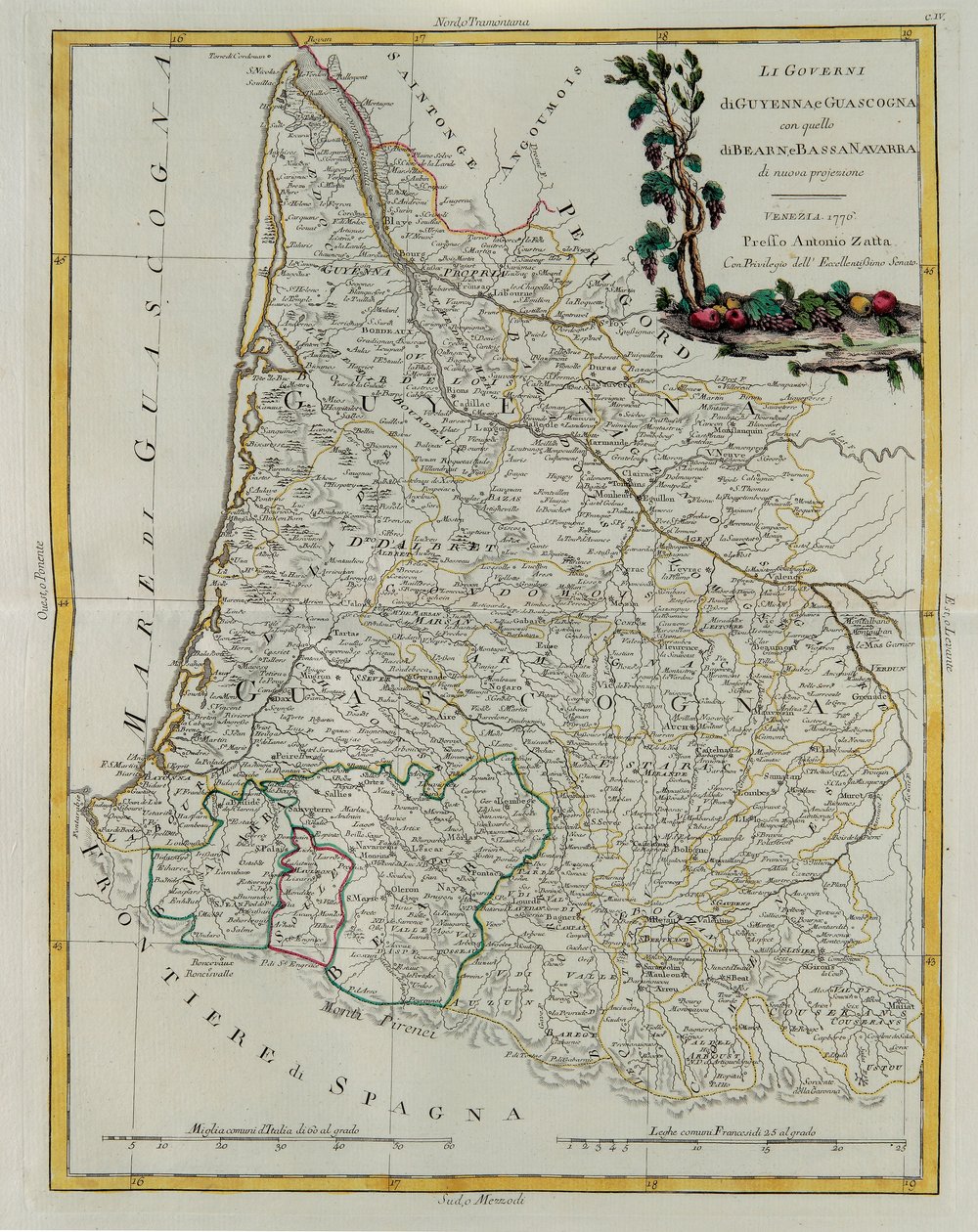 Les Gouvernances de Guyenne et de Gascogne avec celle de Béarn et de Basse-Navarre, gravure par G. Zuliani tirée du Tome I du Nouvel Atlas publié à Venise en 1776 par Antonio Zatta, Collection Privée - G. Zuliani