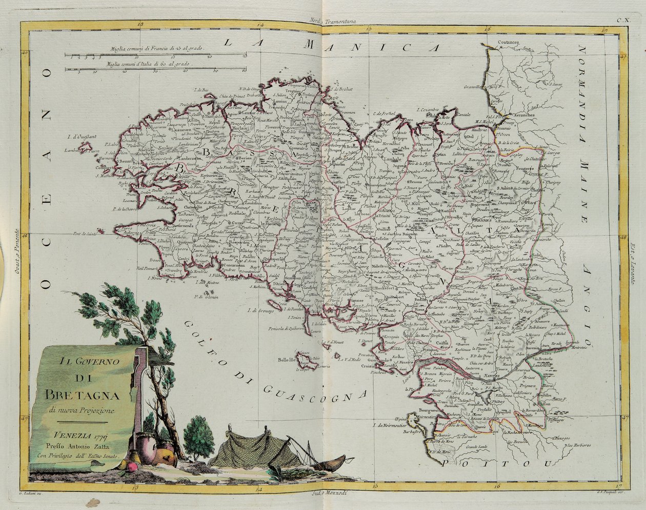 Golfe de Bretagne, gravure par G. Zuliani tirée du Tome I du Nouvel Atlas publié à Venise en 1777 par Antonio Zatta, Collection Privée - G. Zuliani