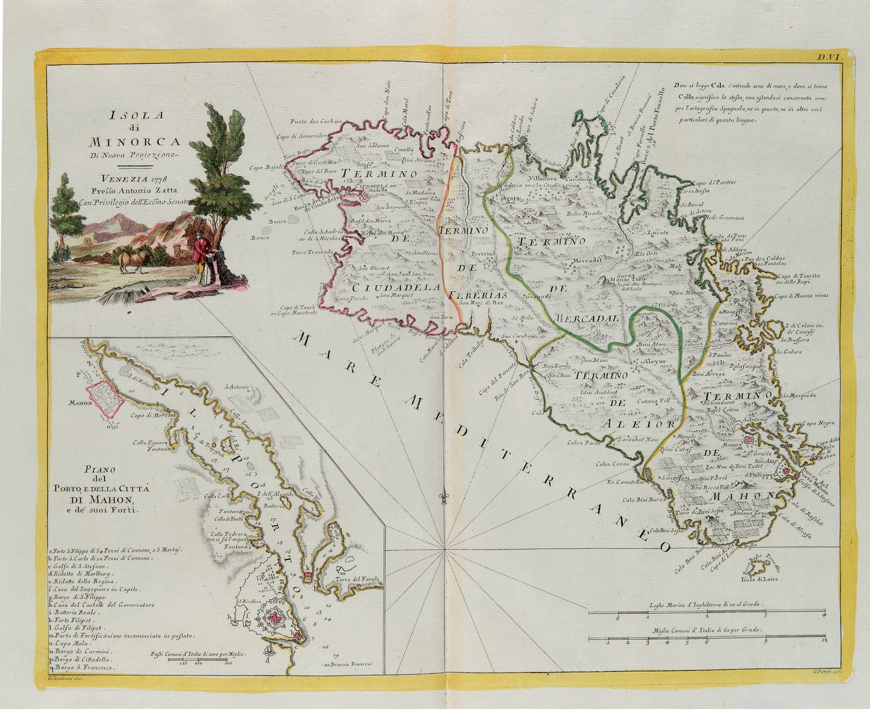 Île de Minorque et plan du port et de la ville de Mahon et de ses forts, gravure de G. Zuliani tirée du Tome I du "Nouvel Atlas" publié à Venise en 1778 par Antonio Zatta, Collection Privée - G. Zuliani