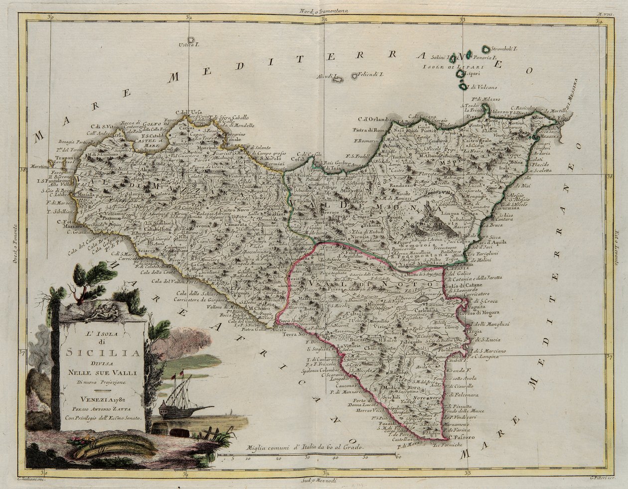 Île de Sicile, divisée en ses vallées, gravure de G. Zuliani tirée du Tome II du Nouvel Atlas publié à Venise en 1782 par Antonio Zatta, Collection Privée - G. Zuliani
