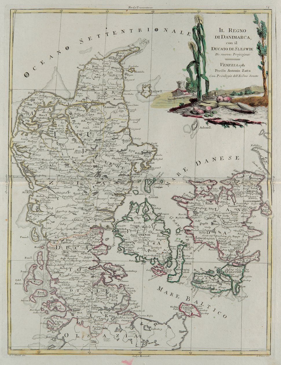 Royaume du Danemark avec le duché de Slesvik, gravure de G. Zuliani tirée du Tome III du "Nouvel Atlas" publié à Venise en 1781 par Antonio Zatta, Collection privée - G. Zuliani