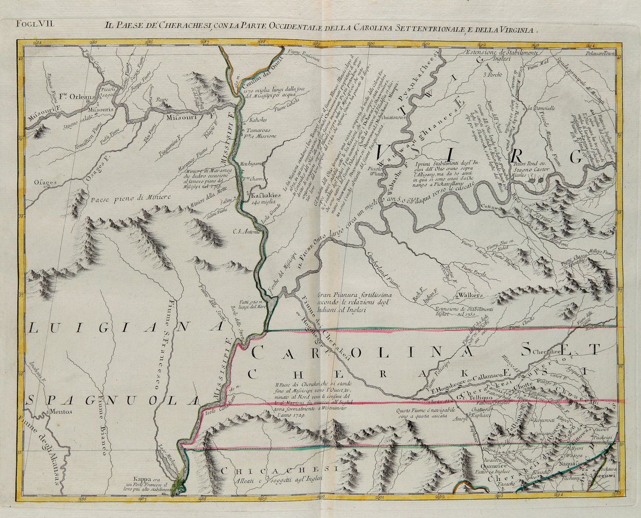 Terre des Cherokees avec la partie occidentale de la Caroline du Nord et de la Virginie, gravure de G. Zuliani tirée du Tome I du "Nouvel Atlas" publié à Venise en 1778 par Antonio Zatta, Collection Privée - G. Zuliani