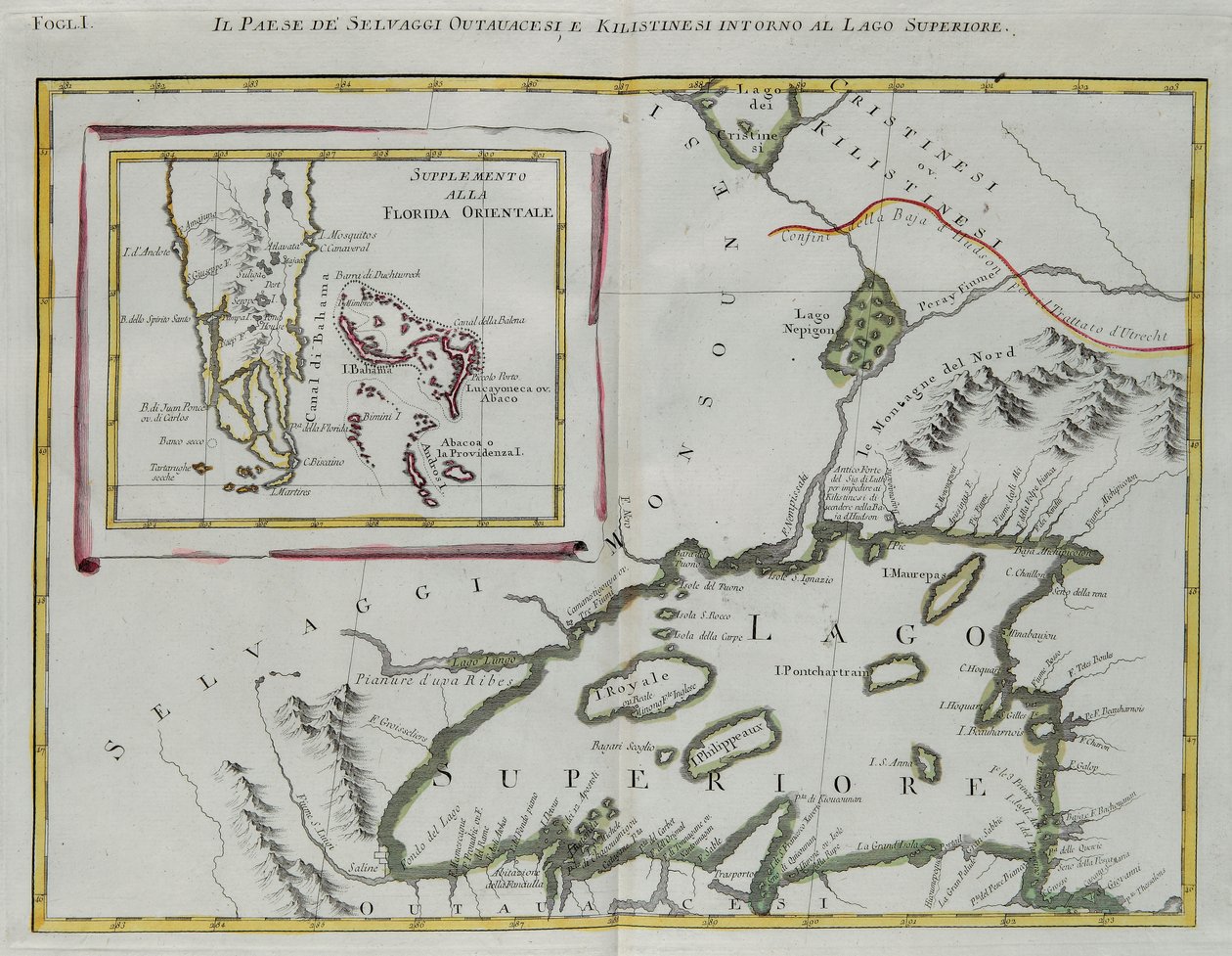 Terre des Indiens Ottawa et Kilistine autour du lac Supérieur et un supplément de la Floride orientale, gravure de G. Zuliani tirée du Tome I du "Nouvel Atlas" publié à Venise en 1778 par Antonio Zatta, Collection privée - G. Zuliani