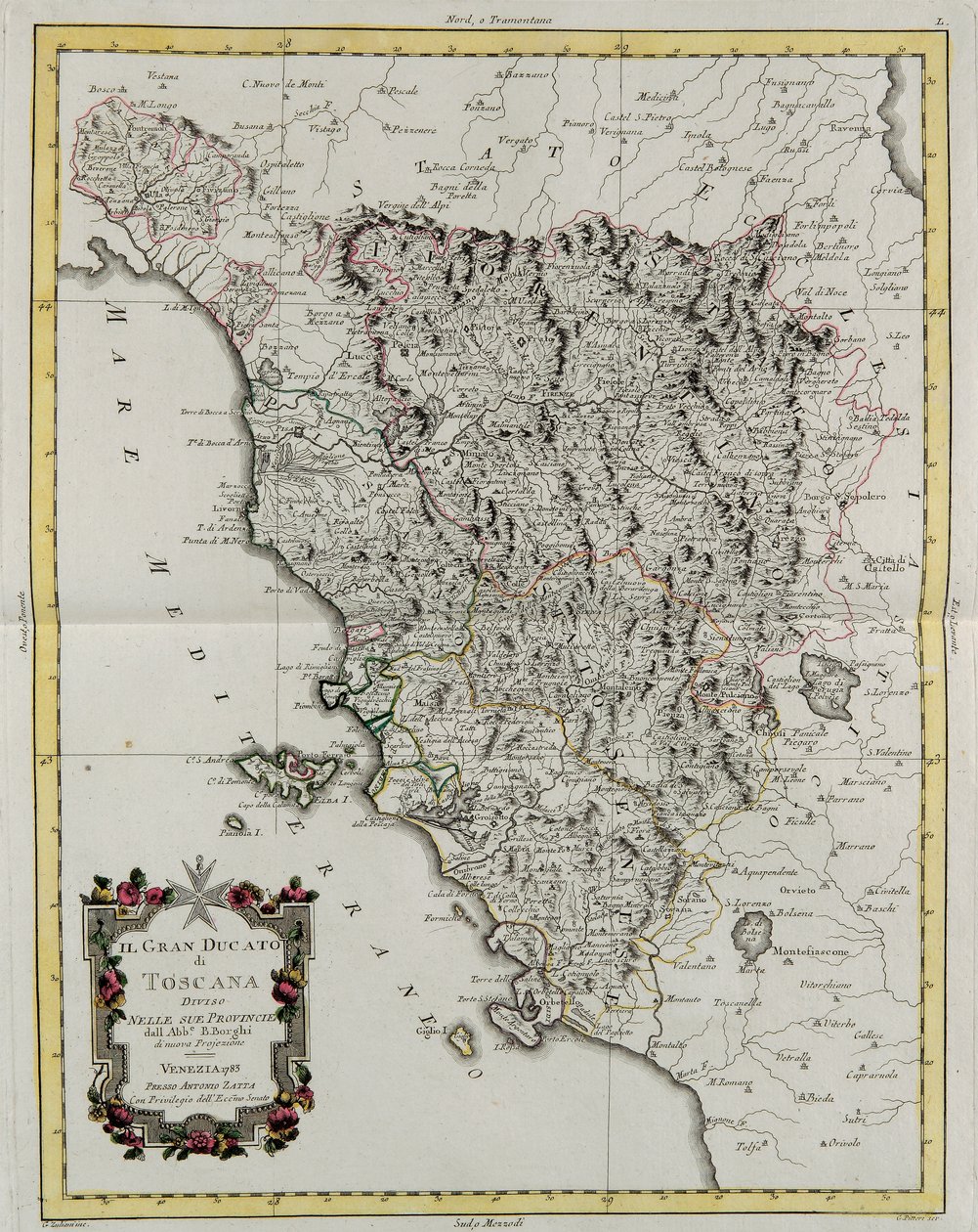 Le Grand-Duché de Toscane divisé en ses provinces, gravure de G. Zuliani tirée du Tome II du "Newest Atlas" publié à Venise en 1783 par Antonio Zatta, Collection Privée - G. Zuliani