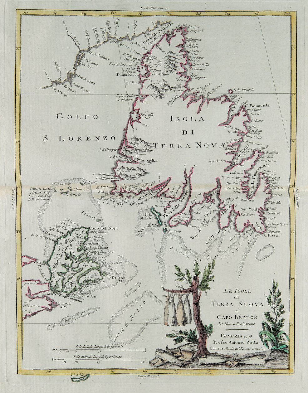 Les îles de Terre-Neuve et du Cap-Breton, gravure de G. Zuliani tirée du Tome I du "Newest Atlas" publié à Venise en 1778 par Antonio Zatta, Collection Privée - G. Zuliani