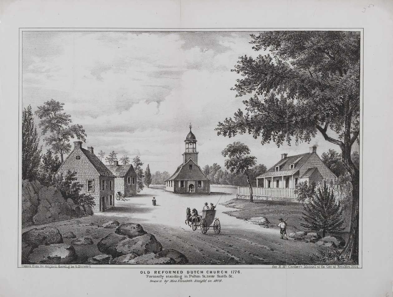 Vieille église réformée hollandaise en 1776, dessinée par Miss Elizabeth Sleight en 1808, imprimée pour le Manuel de la ville de Brooklyn de H. McCloskey, 1864 - G. after Hayward